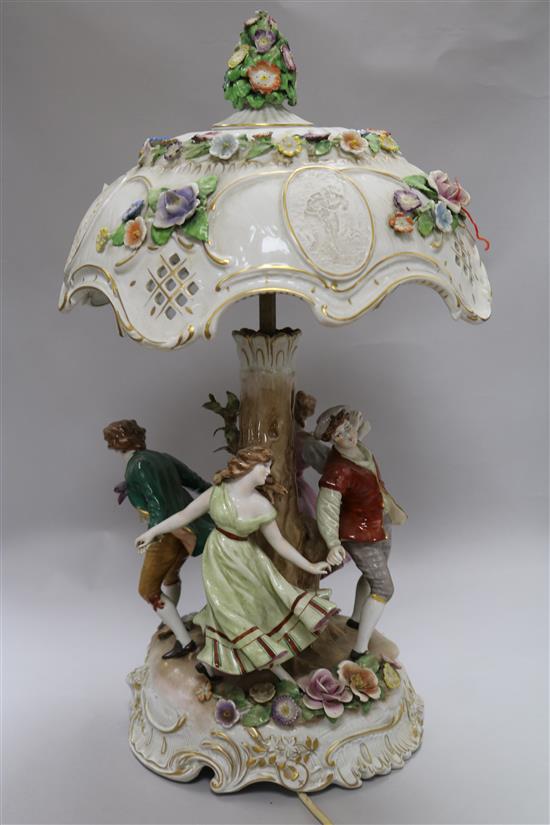 A Continental porcelain table lamp with lithophane shade, height 58cm